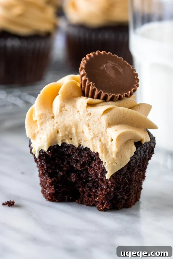 Chocolate Peanut Butter Dream Cupcakes 4 A delectable chocolate cupcake with a bite taken out, revealing its moist interior and fluffy peanut butter frosting, sitting beside a refreshing glass of milk.