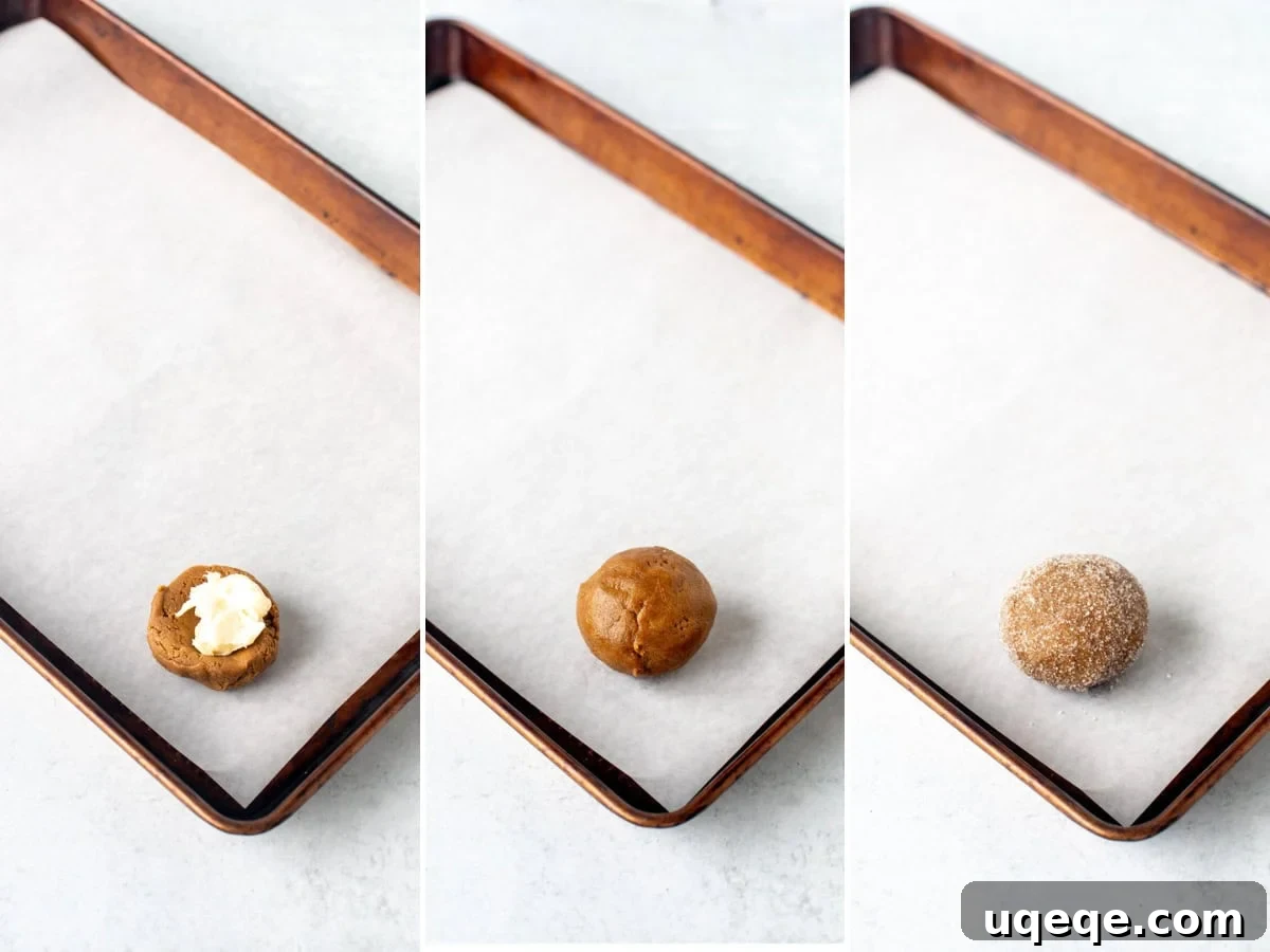 Gingerbread Cheesecake Delights 6 Three process photos showing how to enclose the cream cheese filling within gingerbread cookie dough