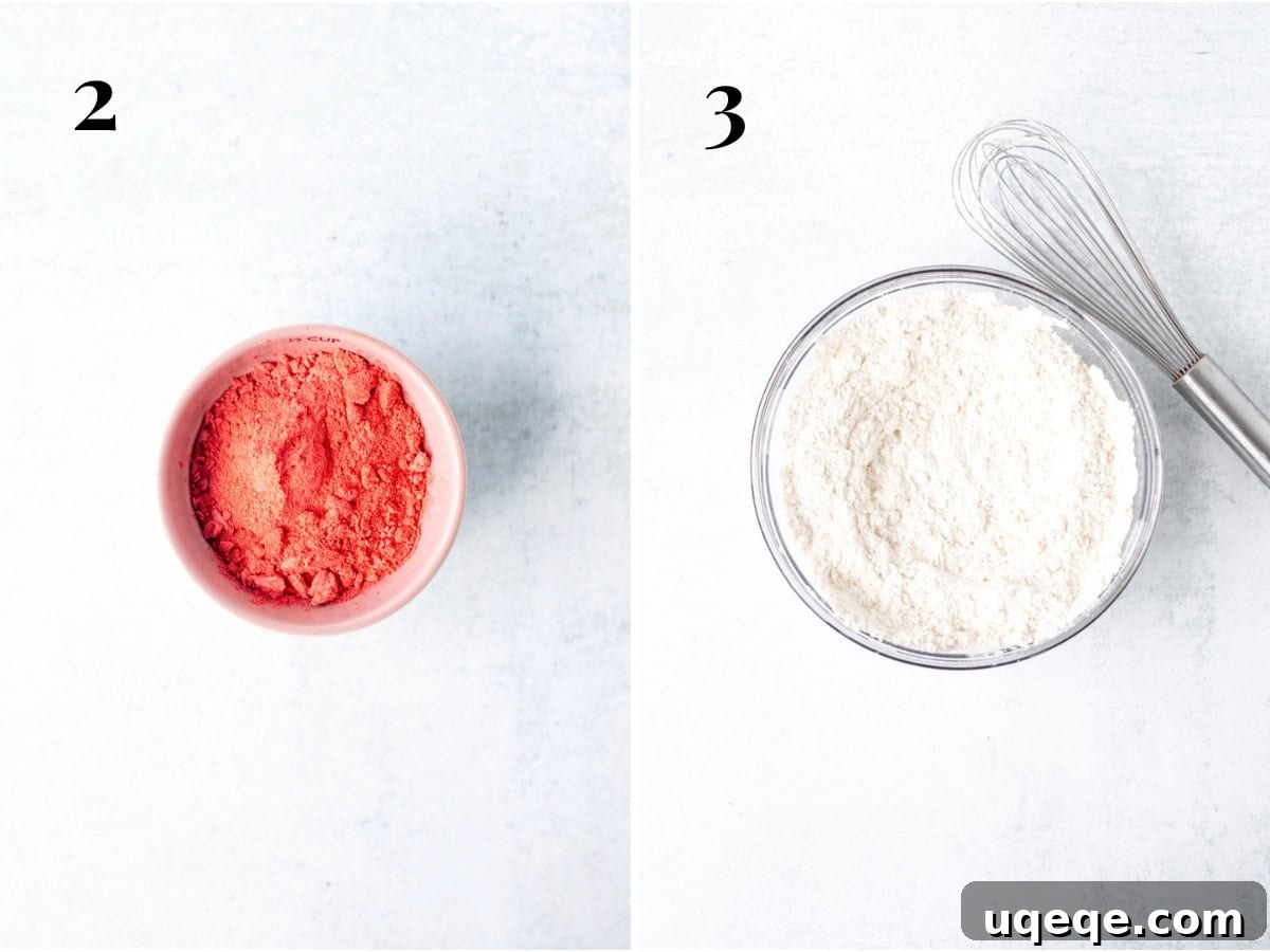 Rosy Strawberry Sugar Cookies 5 A visual representation of the preliminary steps: one bowl holds the finely pulverized freeze-dried strawberries, ready to infuse flavor, while another contains the perfectly whisked dry ingredients—flour, cornstarch, baking powder, and salt—waiting to be combined.