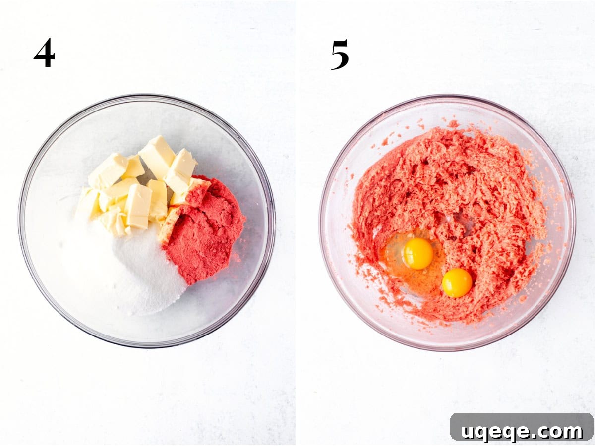 Rosy Strawberry Sugar Cookies 6 A two-part image showing the progression of the wet ingredients: first, a bowl with creamed butter, sugar, and strawberry powder; second, the same mixture after incorporating egg, egg yolk, and vanilla, displaying a perfectly blended, vibrant pink consistency.