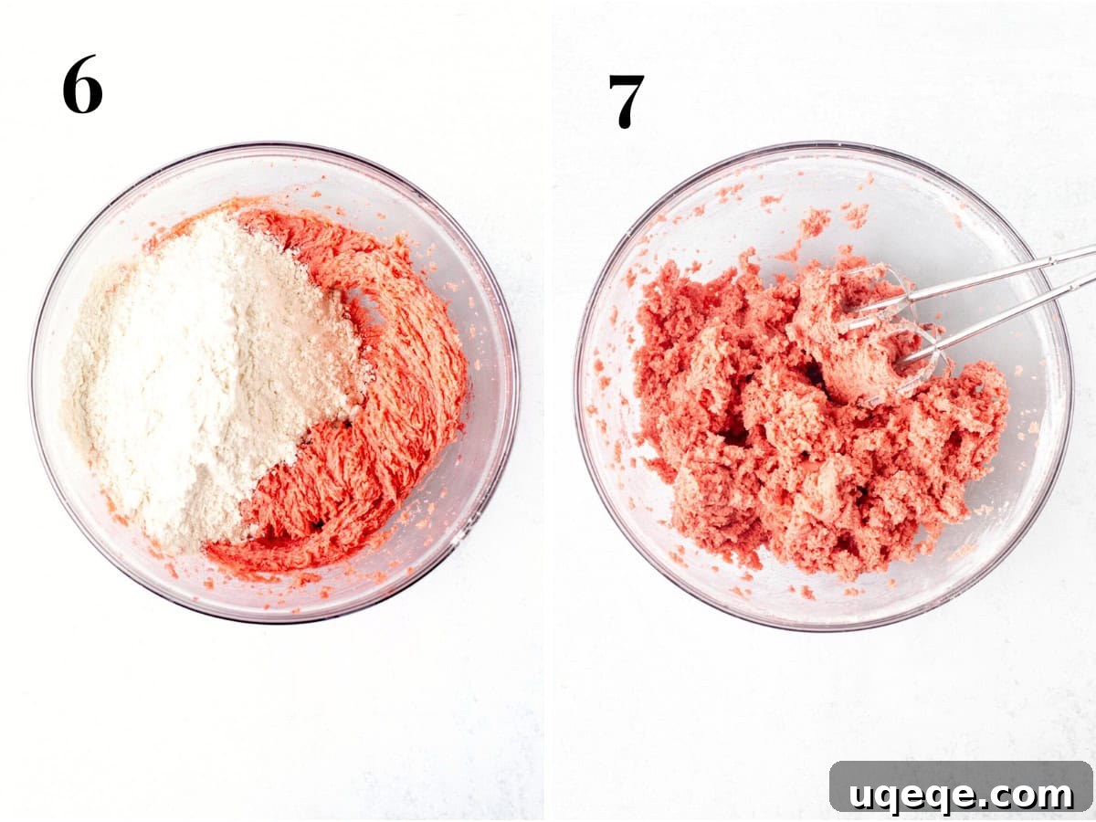 Rosy Strawberry Sugar Cookies 7 Two progressive images illustrating the dough mixing process: one bowl shows the strawberry cookie dough with the dry ingredients just added, still visibly separate; the other bowl displays the fully mixed, perfectly textured strawberry cookie dough, smooth and cohesive.