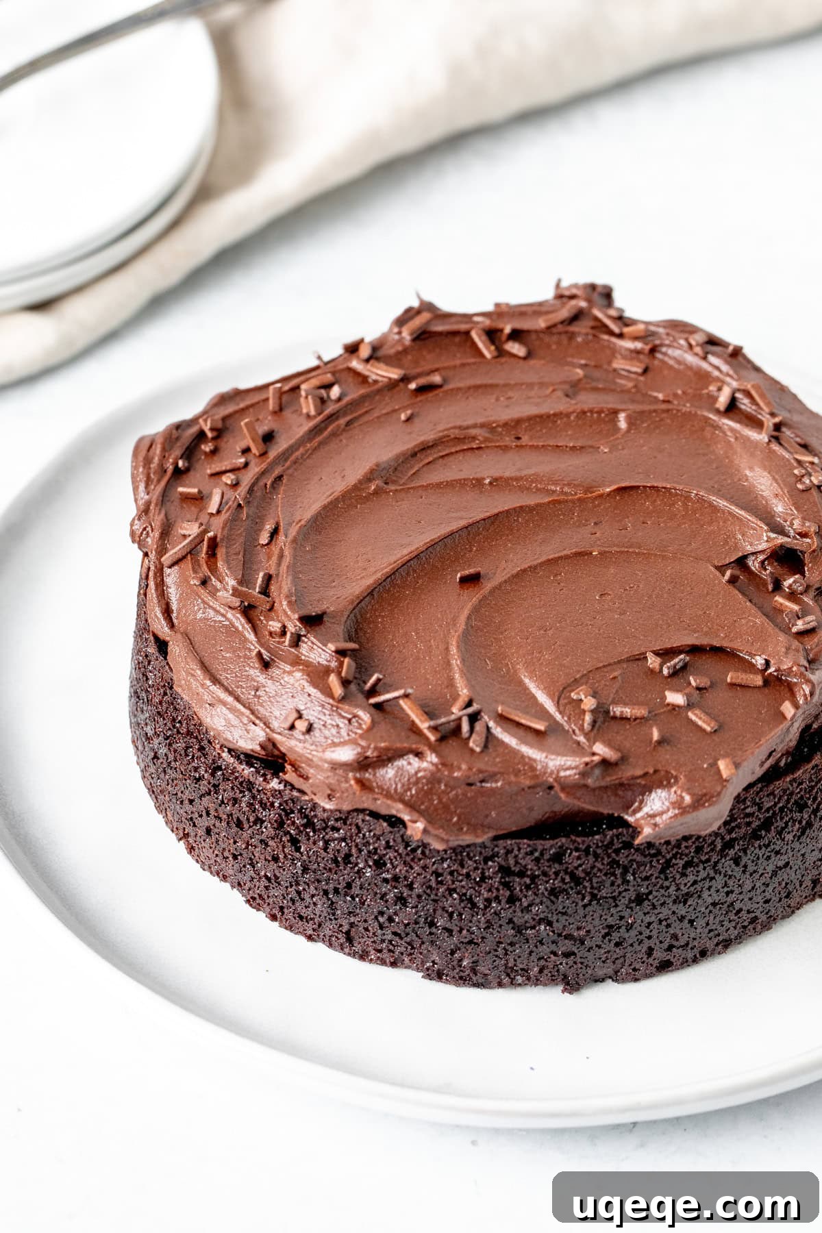 Petite Chocolate Perfection 2 Mini chocolate cake topped with chocolate frosting and chocolate sprinkles, ready to be served.