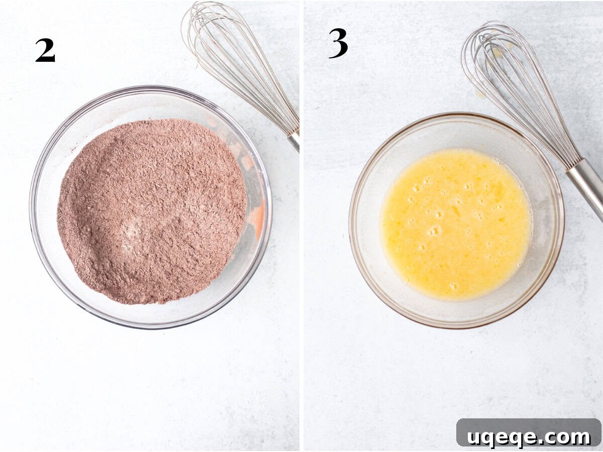 Petite Chocolate Perfection 4 Two bowls side-by-side: one containing whisked dry ingredients and the other with smoothly combined wet ingredients.