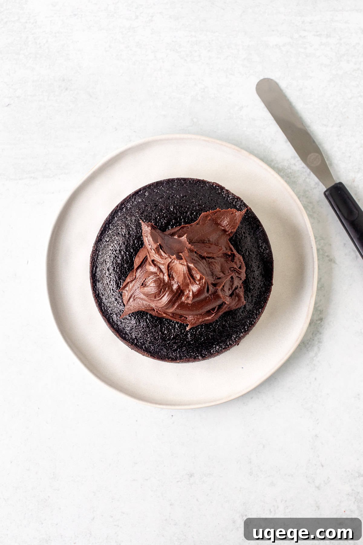 Petite Chocolate Perfection 6 Small round chocolate cake with a dollop of creamy chocolate frosting on top.