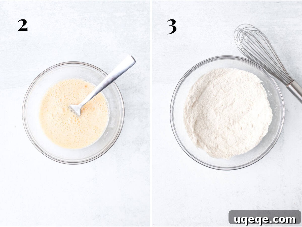 Petite Vanilla Dream 4 Bowl of wet ingredients whisked together and bowl of dry ingredients whisked together for making a mini vanilla cake