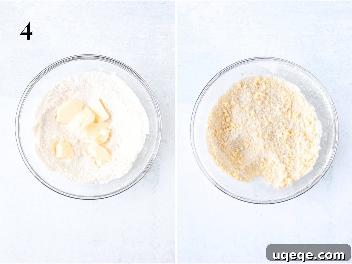 Petite Vanilla Dream 5 Bowl of dry ingredients with cubed butter added into the bowl, and bowl of dry ingredients and butter after mixed together.