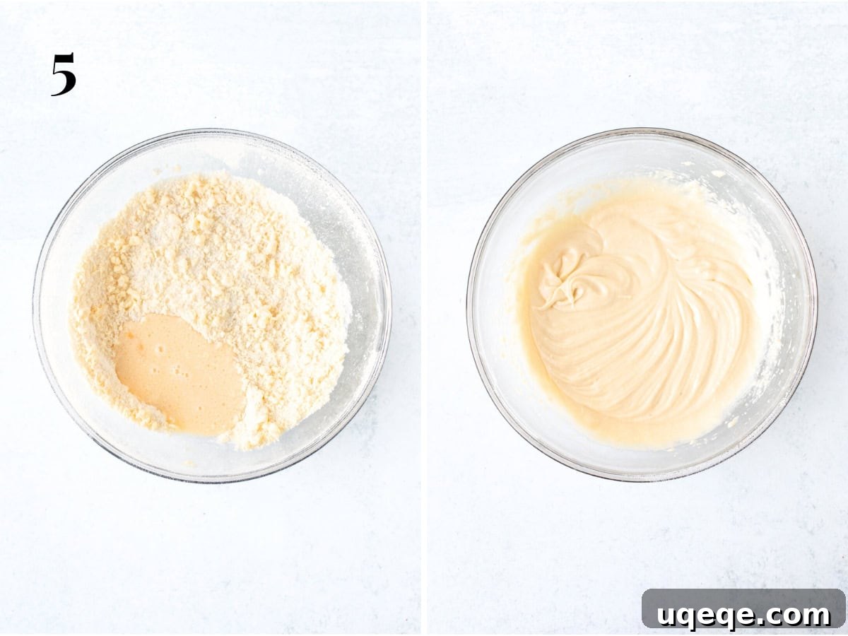 Petite Vanilla Dream 6 Bowl of butter and flour mixture with some wet ingredients added, and bowl of cake batter for mini vanilla cake