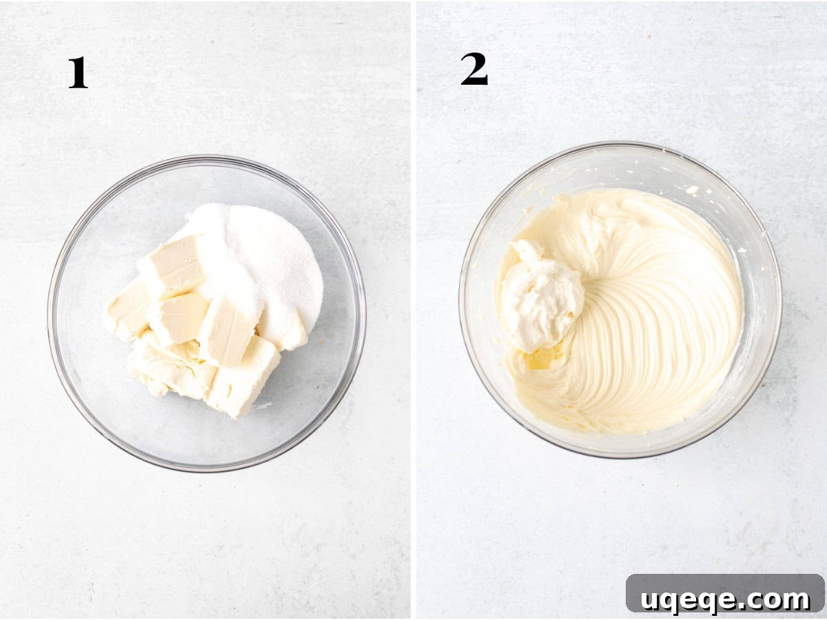 Intimate Batch Cheesecake 4 Bowl of cream cheese and sugar, and bowl of cream cheese and sugar beaten together with sour cream and lemon juice added for cheesecake filling.
