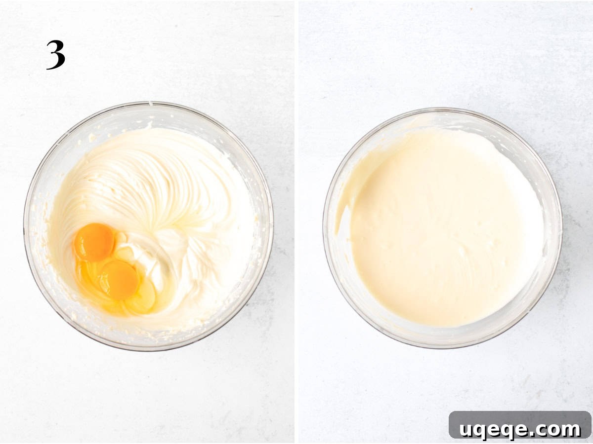 Intimate Batch Cheesecake 5 Small batch cheesecake batter with egg and additional egg yolk added to bowl, and bowl of finished small batch cheesecake batter.
