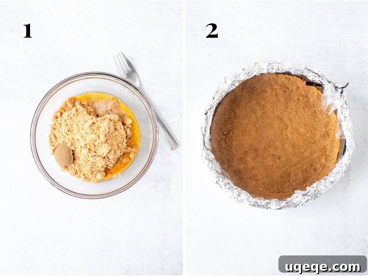 Decadent Banoffee Cheesecake 4 Ingredients for the biscuit crust laid out: crushed digestive biscuits, brown sugar, and melted butter, followed by the mixed crust pressed into a springform pan.
