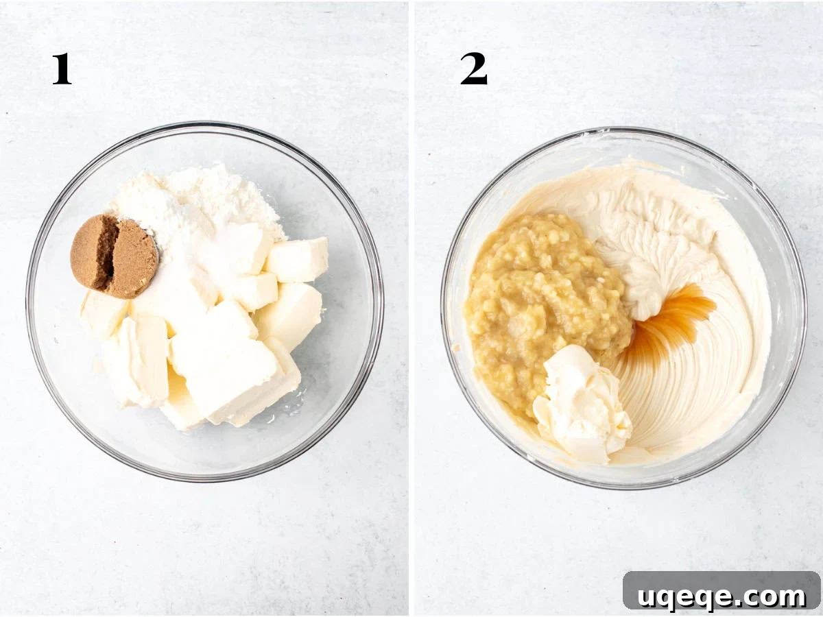 Decadent Banoffee Cheesecake 5 Two bowls side-by-side: one showing cream cheese, sugars, and cornstarch before mixing, and the other showing the smooth, creamy mixture with mashed bananas, sour cream, and vanilla incorporated.