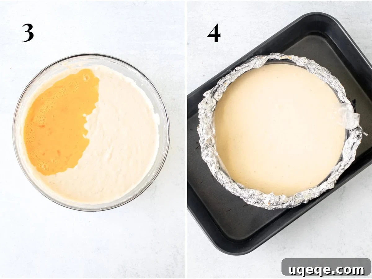 Decadent Banoffee Cheesecake 6 A springform pan filled with cheesecake batter, placed inside a larger roasting pan with boiling water for the water bath method.