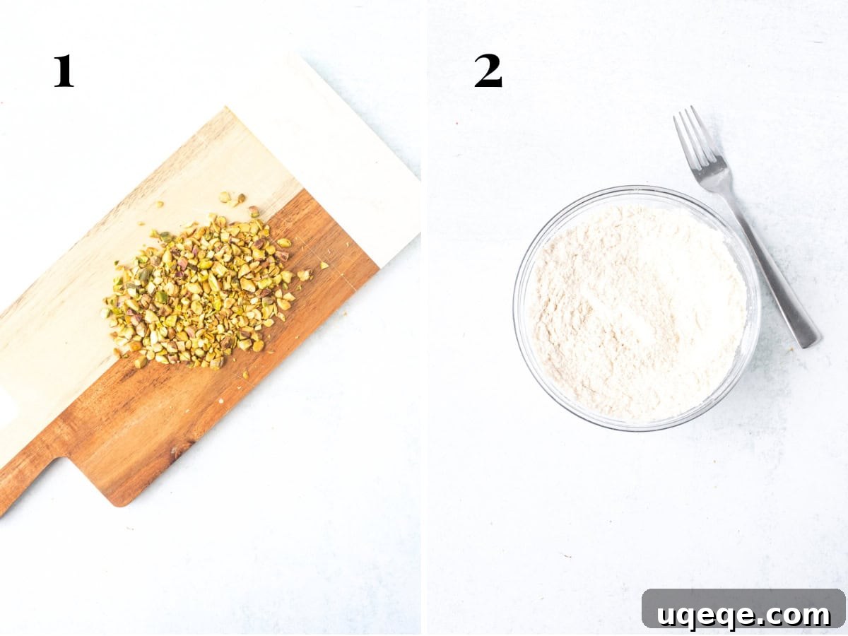 Pistachio Dream Chocolate Chip Cookies 5 Cutting board with finely chopped pistachios next to a bowl of whisked dry ingredients (flour, cornstarch, leavening, salt)