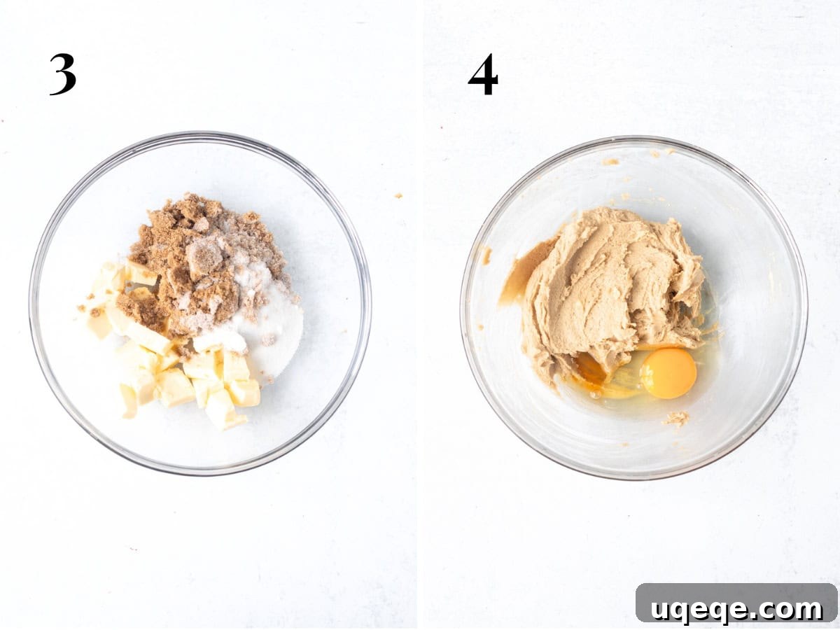 Pistachio Dream Chocolate Chip Cookies 6 Two images: one showing butter and sugars in a bowl, the second showing the creamed butter and sugars with egg and vanilla extract incorporated
