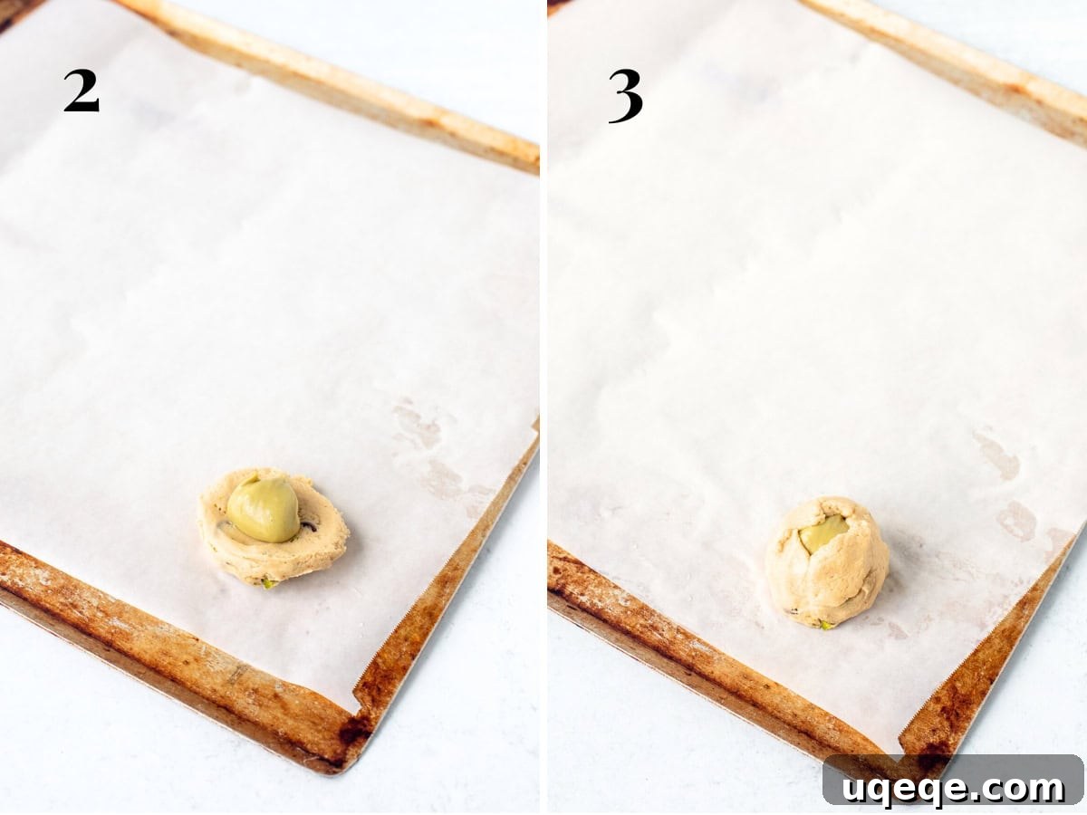Pistachio Dream Chocolate Chip Cookies 8 Two photographs demonstrating the cookie assembly: one showing a flattened dough disc with a frozen pistachio dollop, the other showing the dough pinched around the filling to form a ball