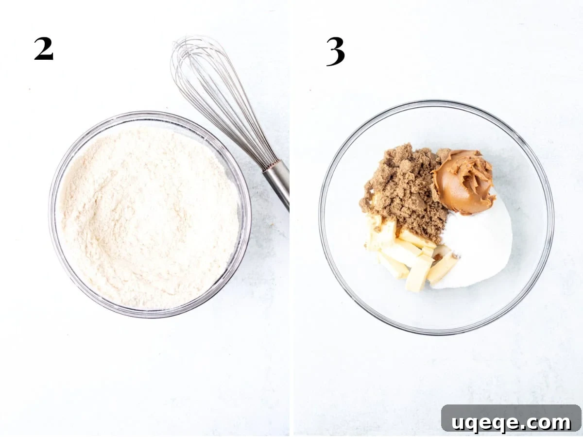 Caramelized Speculoos Indulgence 4 One bowl holds dry ingredients (flour, baking powder, baking soda, salt) whisked, while another large bowl contains the creamed mixture of butter, brown sugar, granulated sugar, and Biscoff spread, ready for the next step.