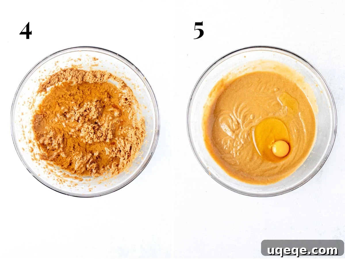 Caramelized Speculoos Indulgence 5 Two sequential images showing the cake batter process: first, oil and vanilla extract are poured into the butter mixture; second, a single egg is added to the batter, illustrating the step-by-step mixing.