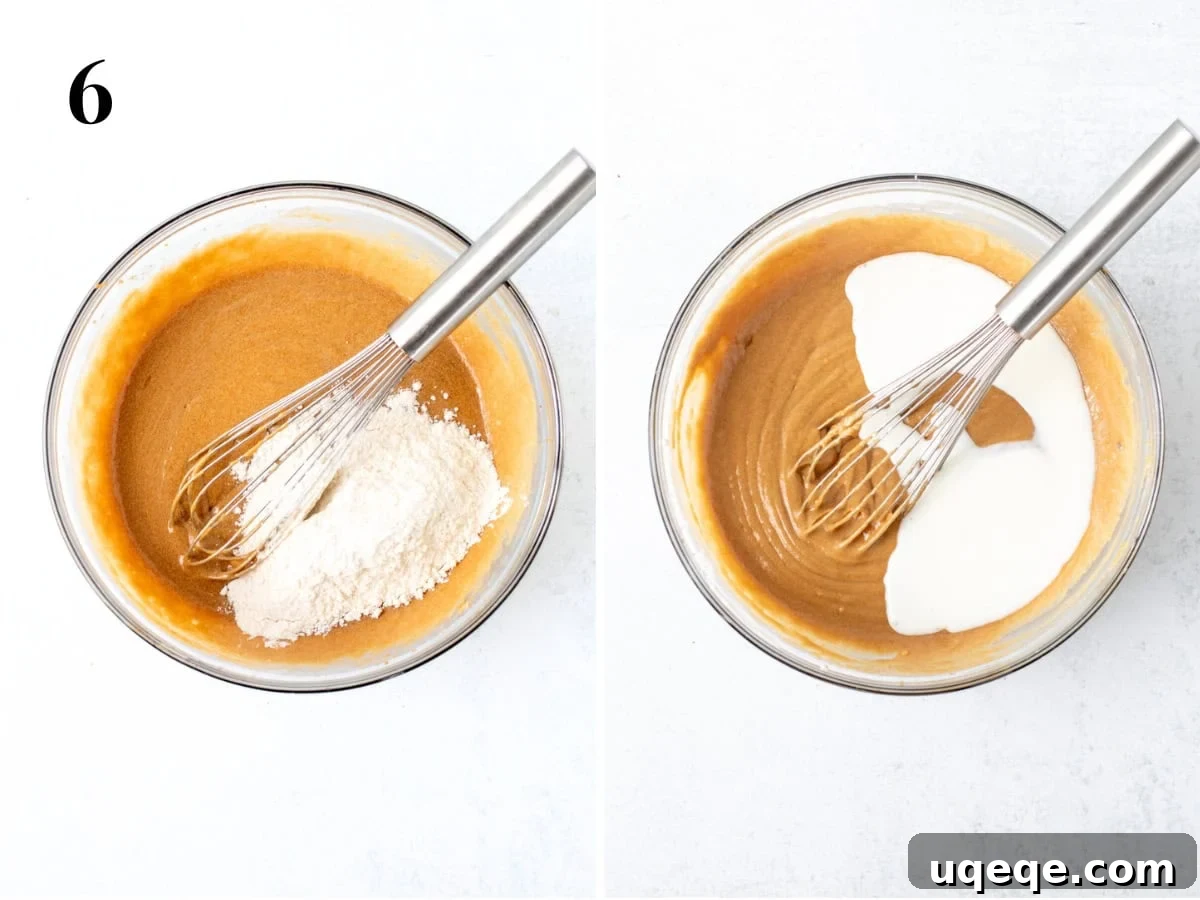Caramelized Speculoos Indulgence 6 The process of making Biscoff cake batter, with additions of dry ingredients and buttermilk to the batter being mixed to a smooth consistency.