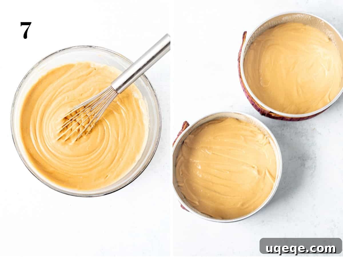 Caramelized Speculoos Indulgence 7 A bowl of smooth Biscoff cake batter next to two round cake tins, each evenly filled with the rich batter, ready for baking.