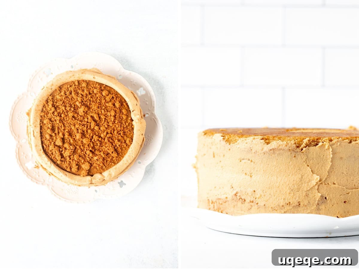 Caramelized Speculoos Indulgence 8 A Biscoff layer cake being assembled, showing the cookie butter and crushed Lotus cookie filling between cake layers, followed by a crumb-coated cake ready for final frosting.