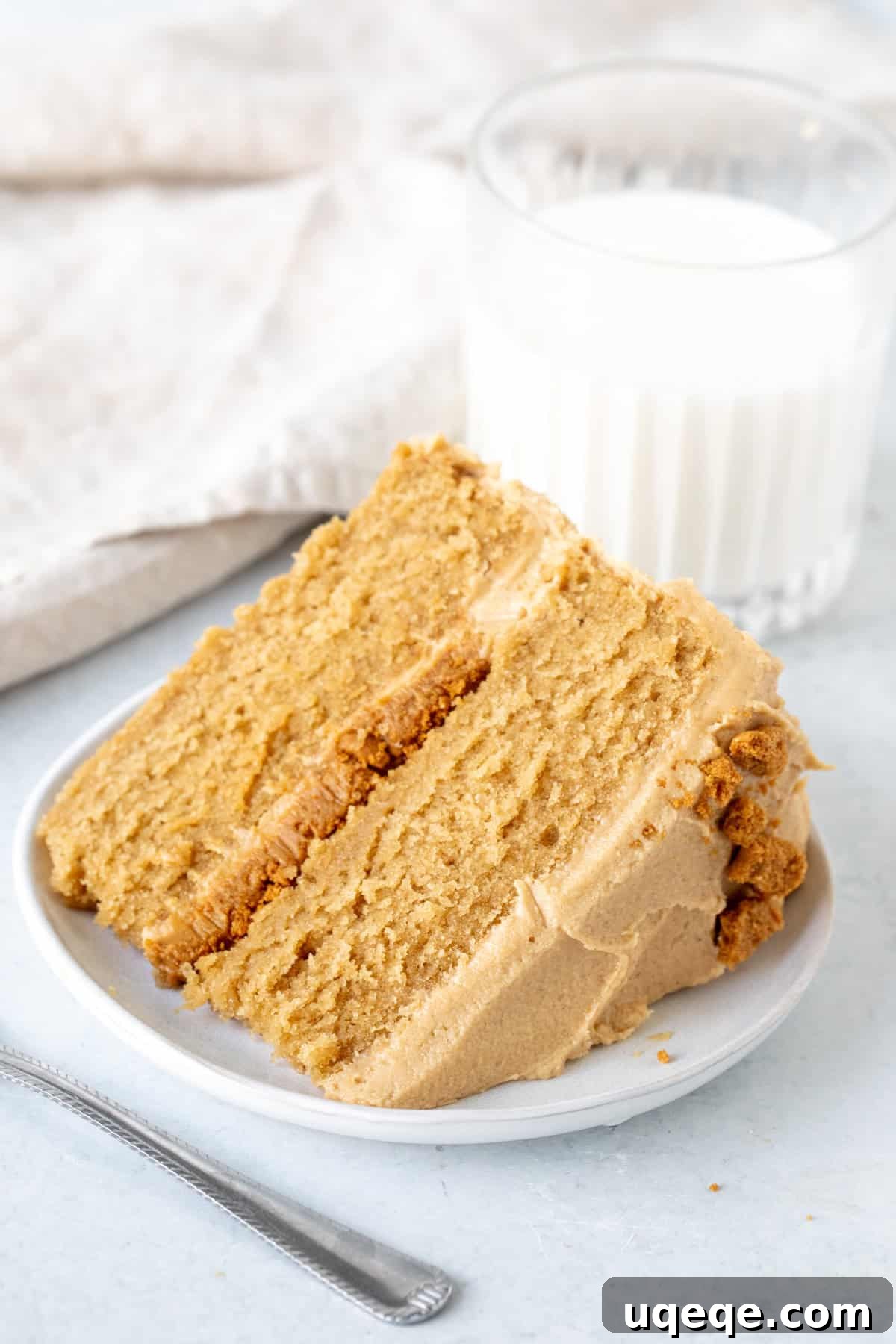 Caramelized Speculoos Indulgence 10 A perfect slice of Biscoff cookie butter cake, revealing the moist cake layers, creamy Biscoff frosting, and a delightful cookie butter and crushed cookie filling.