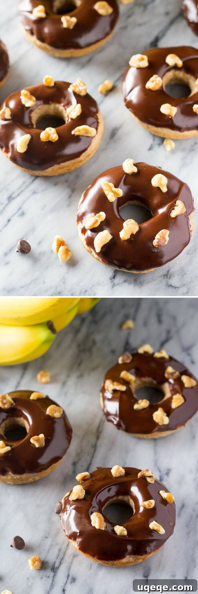 A close-up shot of a single glazed banana doughnut with walnuts on top, ready to be eaten.