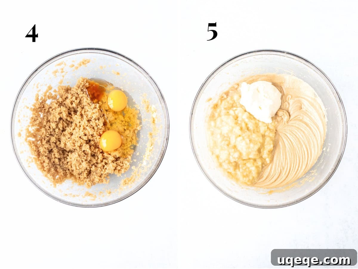 Frosted Banana Dream Bars 5 Stages of banana bar batter preparation: creamed butter and sugars, then with eggs and vanilla, followed by mashed bananas and sour cream incorporated into the mixture