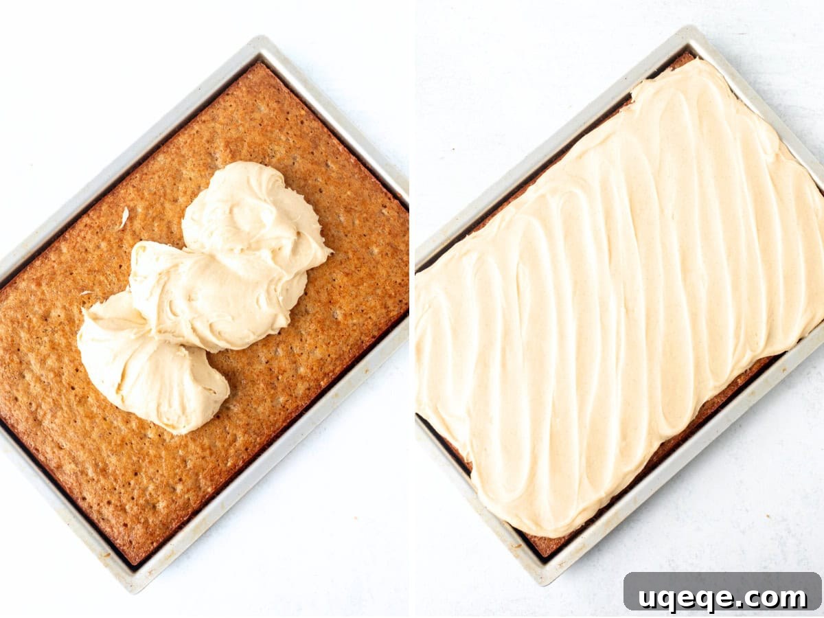Frosted Banana Dream Bars 7 A large pan of baked banana bars, some with dollops of cinnamon cream cheese frosting and others fully frosted and smoothed out