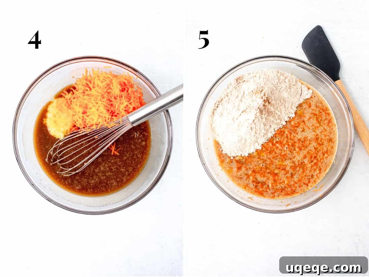 Spiced Carrot Cake Squares 5 On the left, finely shredded carrots and drained crushed pineapple are added to a bowl of wet ingredients. On the right, the bowl shows dry ingredients being gently folded into the wet mixture for carrot cake bars.