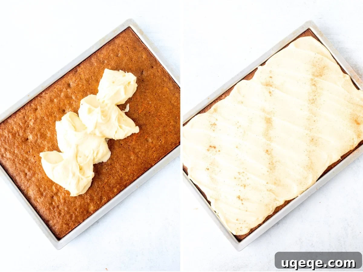 Spiced Carrot Cake Squares 7 A sheet pan of freshly baked and cooled carrot cake bars being generously frosted with a thick layer of white cream cheese frosting using an offset spatula.