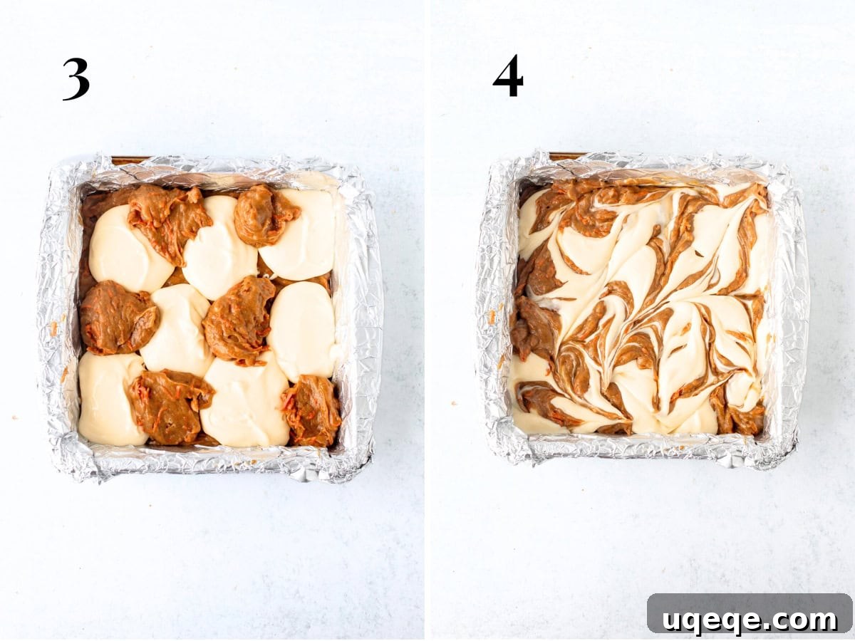 Spiced Carrot Cake Cheesecake Bars 7 A knife creating swirls in carrot cake and cheesecake batter, demonstrating the marbling technique.