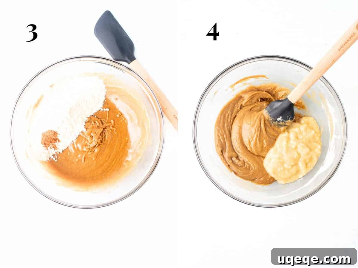 Golden Banana Chocolate Chip Bars 5 Two bowls side-by-side: one showing batter with dry ingredients just added, and the other showing the batter after mashed banana has been stirred in.