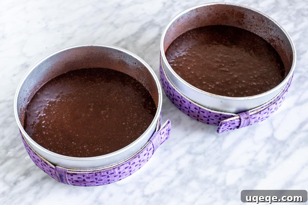 Cake Pans with Chocolate Batter Two 8-inch round cake pans filled with rich chocolate cake batter, ready for baking.