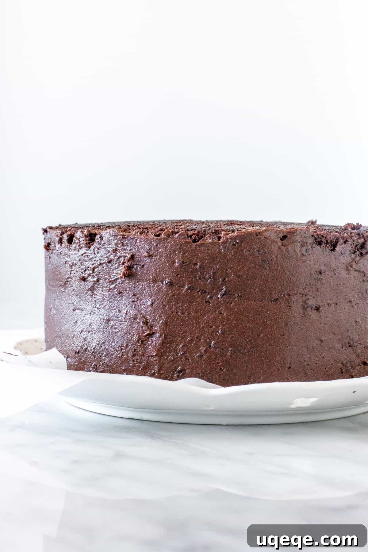 Chocolate Cake Crumb Coat Chocolate cake with a light crumb coat applied to its sides, ready for the final layer of frosting.