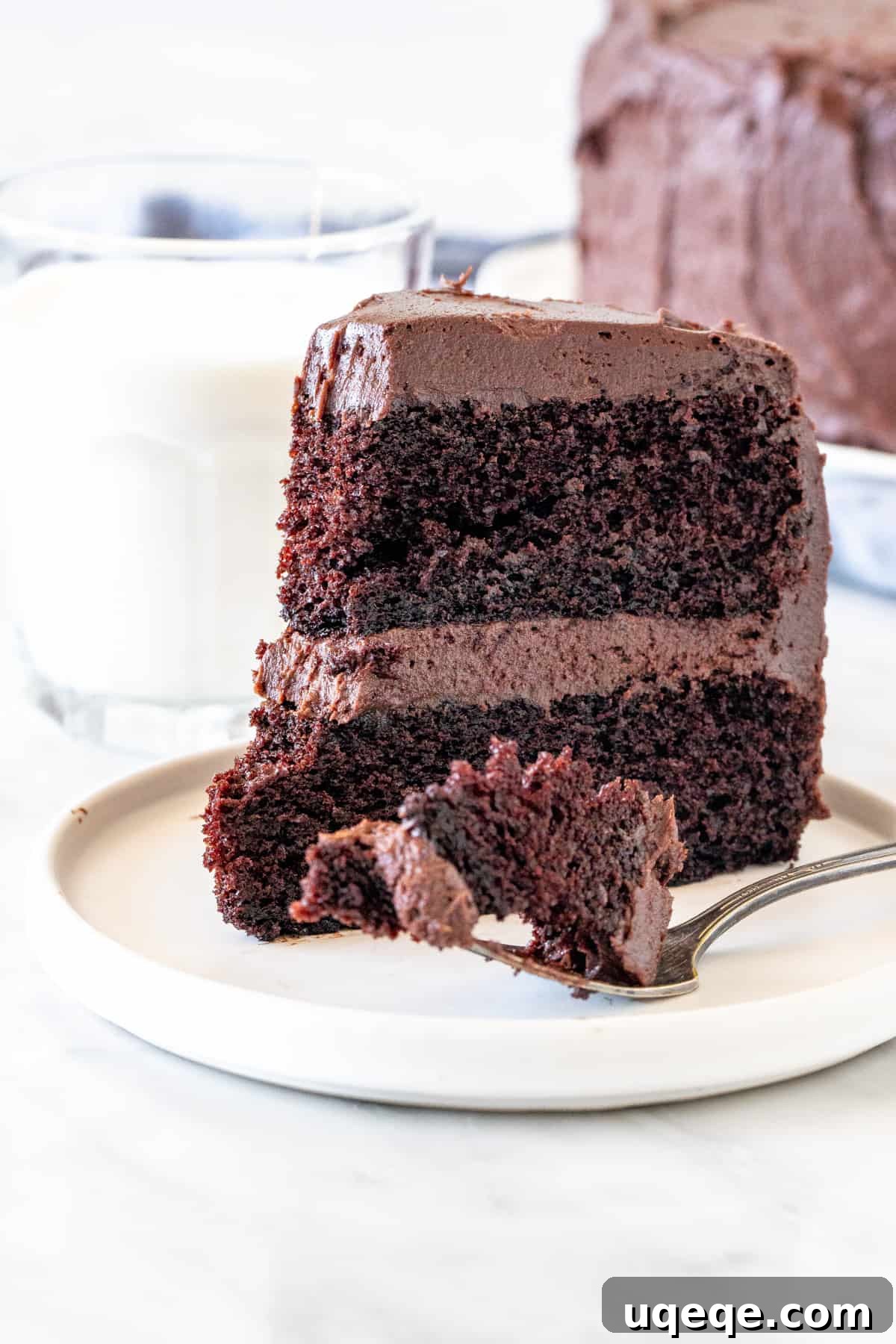 Bite of Chocolate Fudge Cake A delectable slice of fudgy chocolate cake with a bite taken out, revealing its incredibly moist texture and creamy frosting.