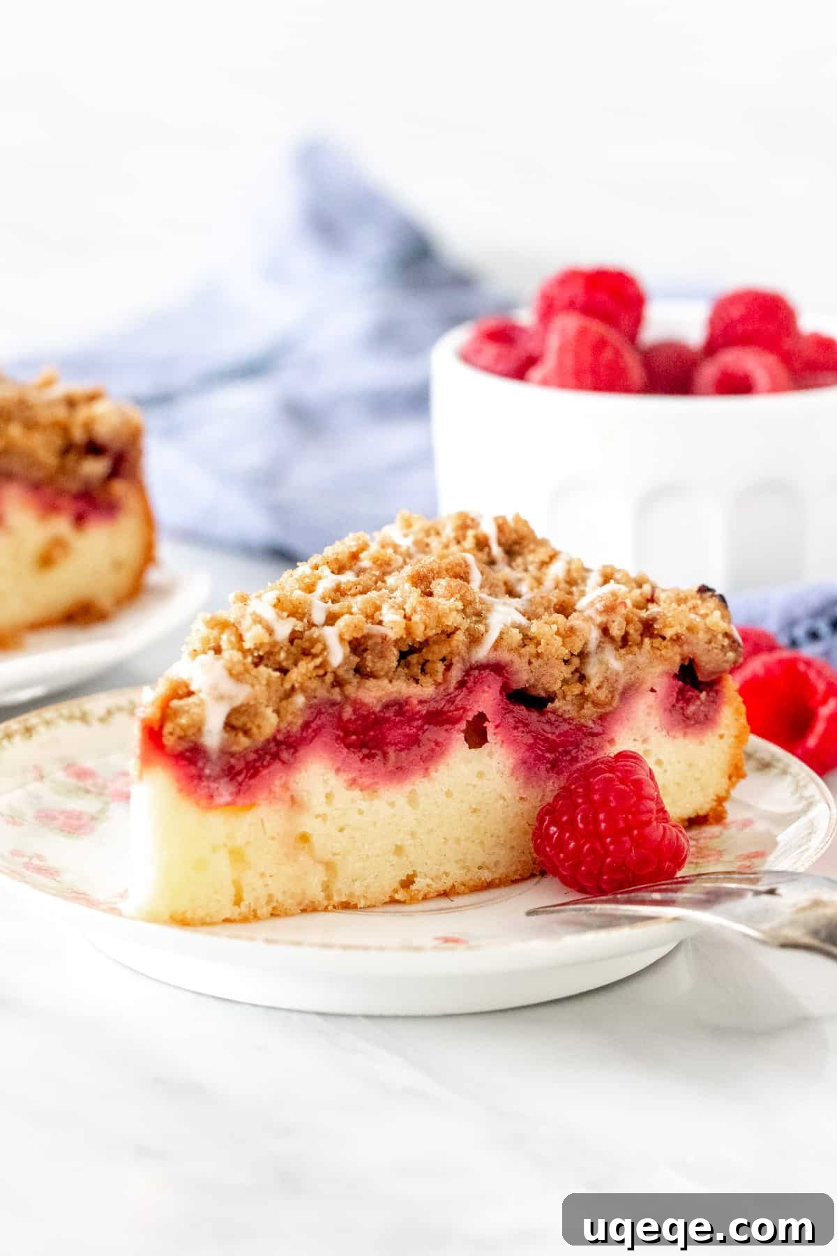 A perfectly sliced piece of raspberry coffee cake showcasing its moist texture, vibrant berry layer, and generous streusel topping. Ideal for breakfast or brunch.