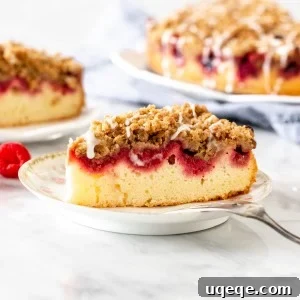 A delightful piece of raspberry coffee cake, ready to be enjoyed.