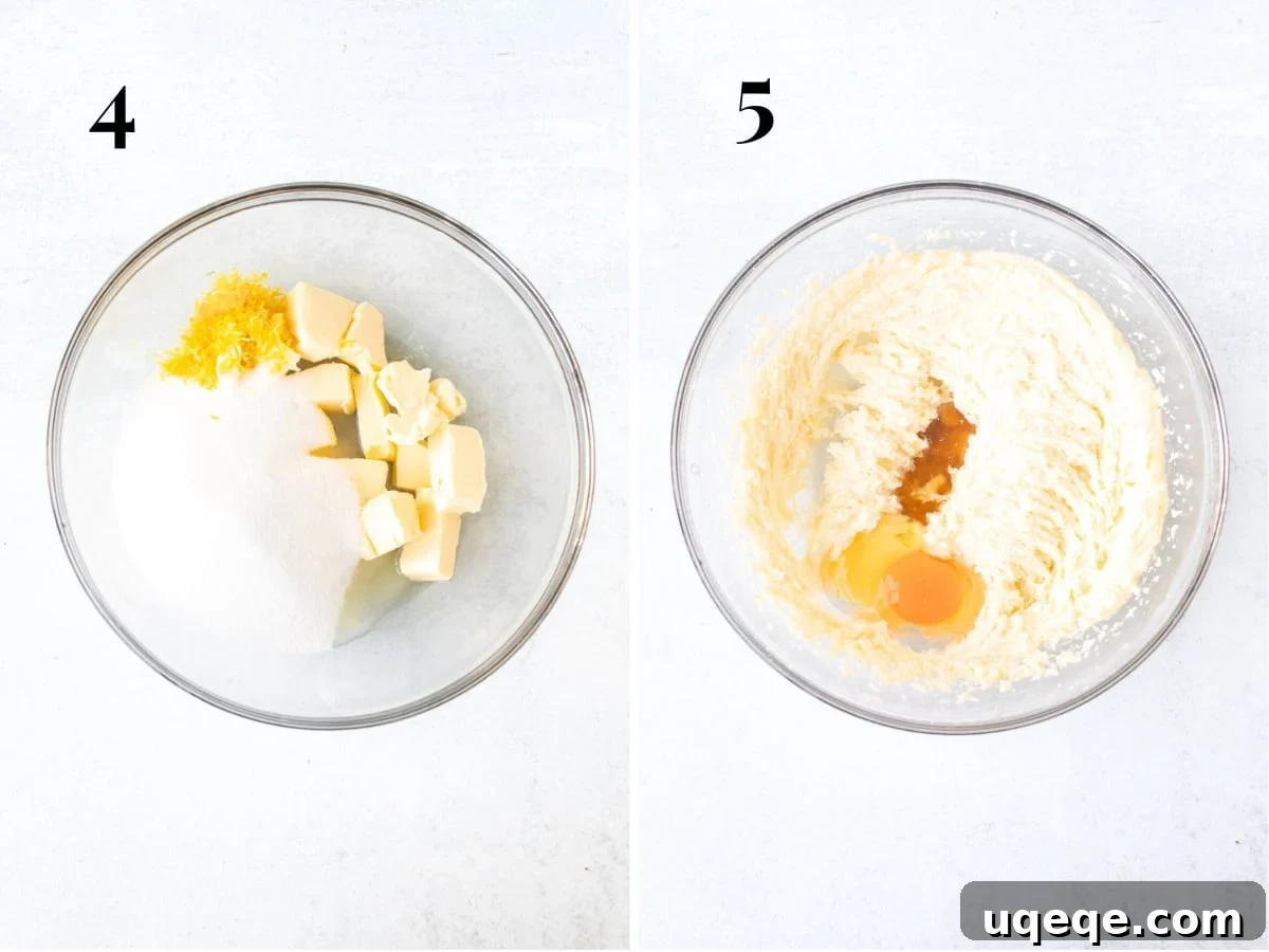 Golden Lemon Delight 4 Bowl of butter, oil sugar and lemon zest, and bowl of butter, sugar, oil and lemon zest creamed together with vanilla and egg added to the bowl.