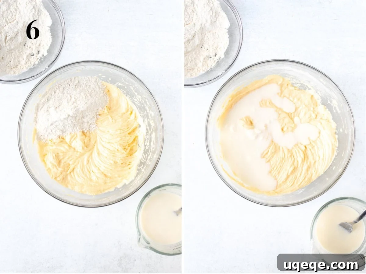 Golden Lemon Delight 5 Bowl of butter mixture with flour added to the bowl, and bowl of cake batter with milk added to the bowl