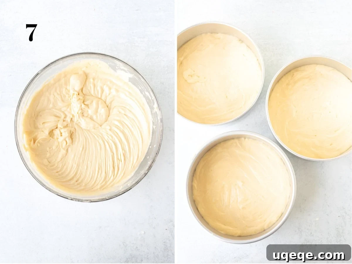 Golden Lemon Delight 6 Bowl of lemon cake batter and three cake pans of unbaked lemon cake