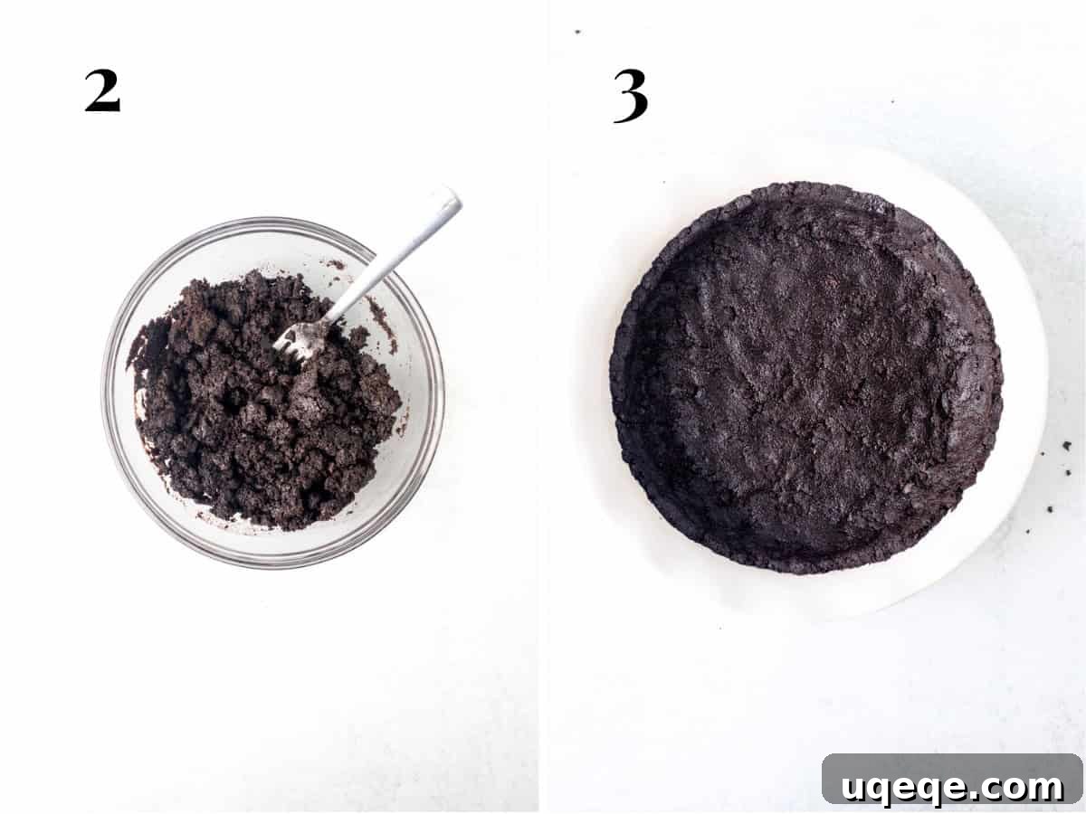 Decadent Nutella Pie 4 Bowl of Oreo crumbs mixed with melted butter, and a perfectly formed Oreo pie crust in a pie plate.