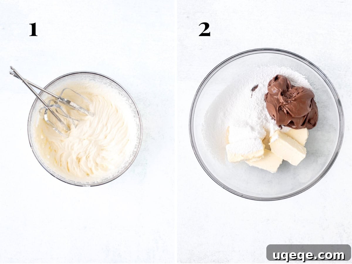 Decadent Nutella Pie 5 Two bowls: one with fluffy whipped cream and another with the smooth mixture of cream cheese, Nutella, and powdered sugar.