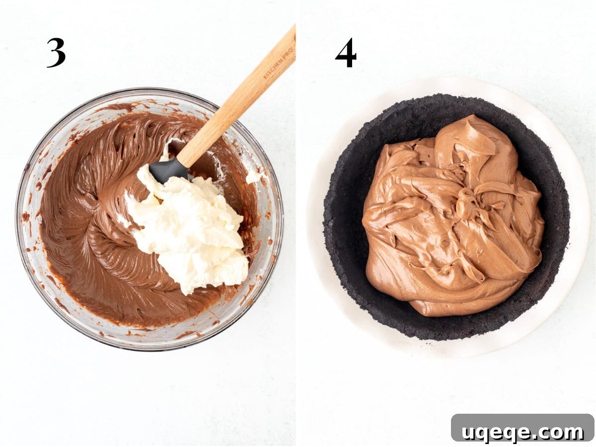 Decadent Nutella Pie 6 Process of adding whipped cream to the Nutella and cream cheese mixture, followed by the complete Nutella pie filling being spooned into the Oreo crust.