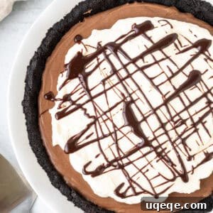 Nutella pie with Oreo crust, whipped cream topping and chocolate drizzle on top