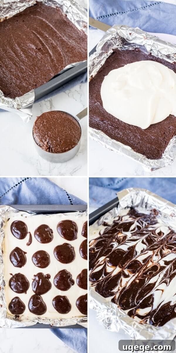 Swirled Cream Cheese Brownies 4 A four-panel collage demonstrating the process of assembling cream cheese brownies, from pouring the batter to creating the signature swirl pattern.