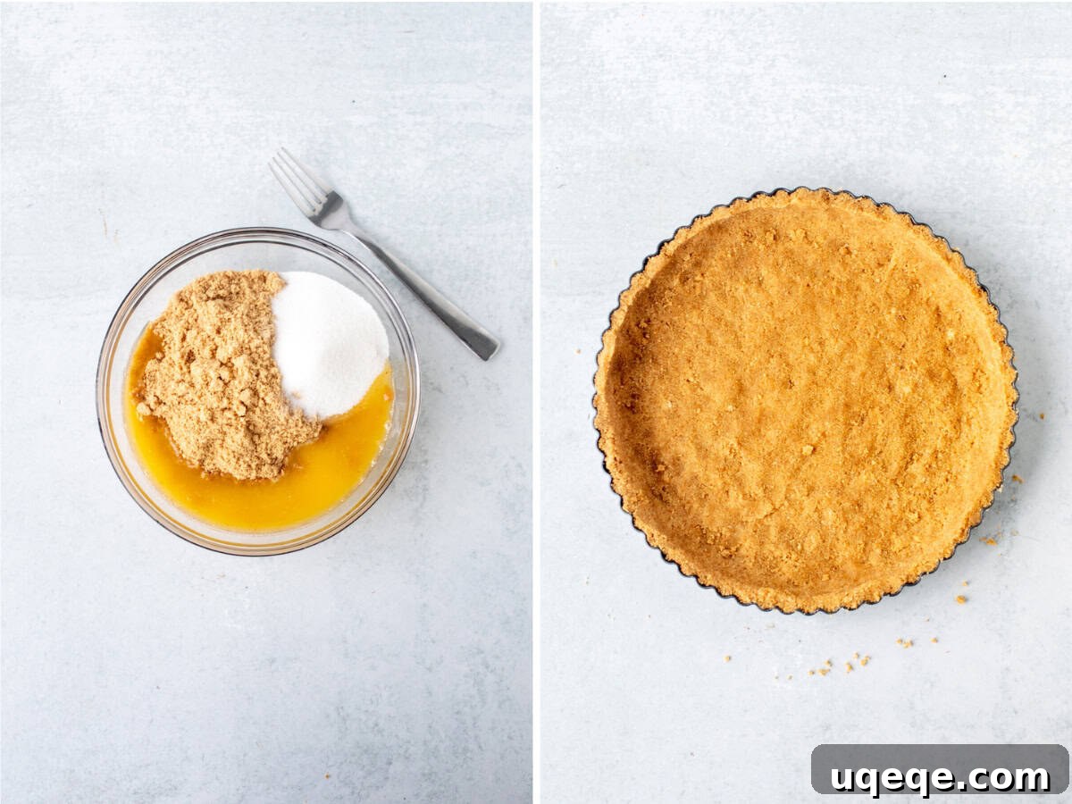 Effortless Rainbow Fruit Delight 4 Two bowls: one with a mixture of graham crumbs, sugar, and melted butter, and the other showcasing the prepared graham cracker tart crust in a tart pan, ready for chilling, illustrating the initial steps of crust preparation.
