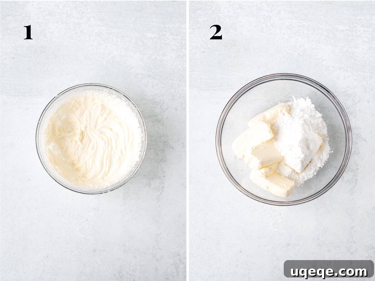 Effortless Rainbow Fruit Delight 5 Two separate bowls: one filled with perfectly whipped cream, exhibiting firm, stiff peaks; the other containing a smooth, creamy mixture of beaten cream cheese, powdered sugar, and lemon juice, ready for the next step.