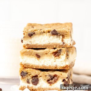 Stack of three chocolate chip cheesecake bars
