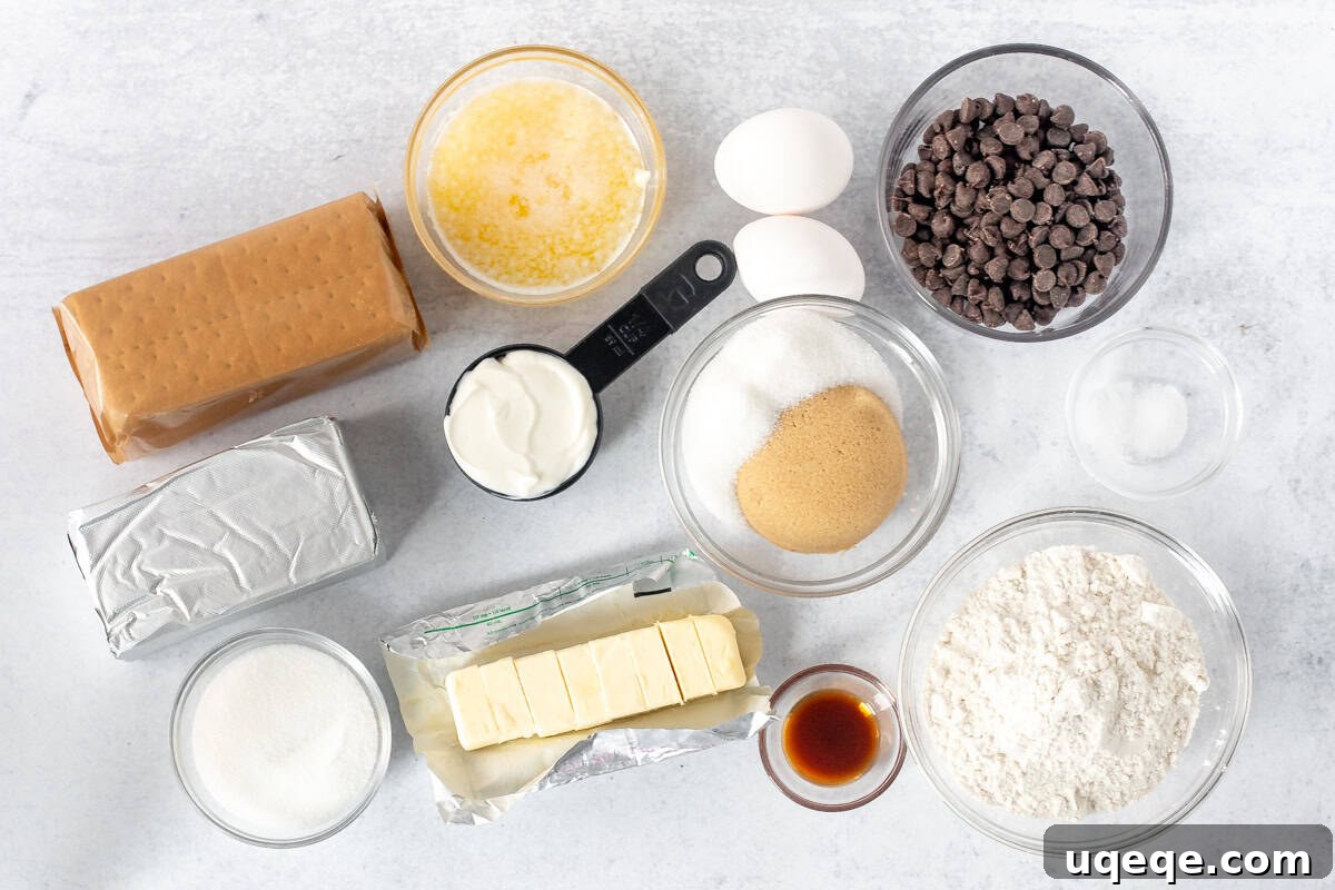 Heavenly Chocolate Chip Cheesecake Bars 5 A collection of ingredients laid out, ready for making chocolate chip cheesecake bars