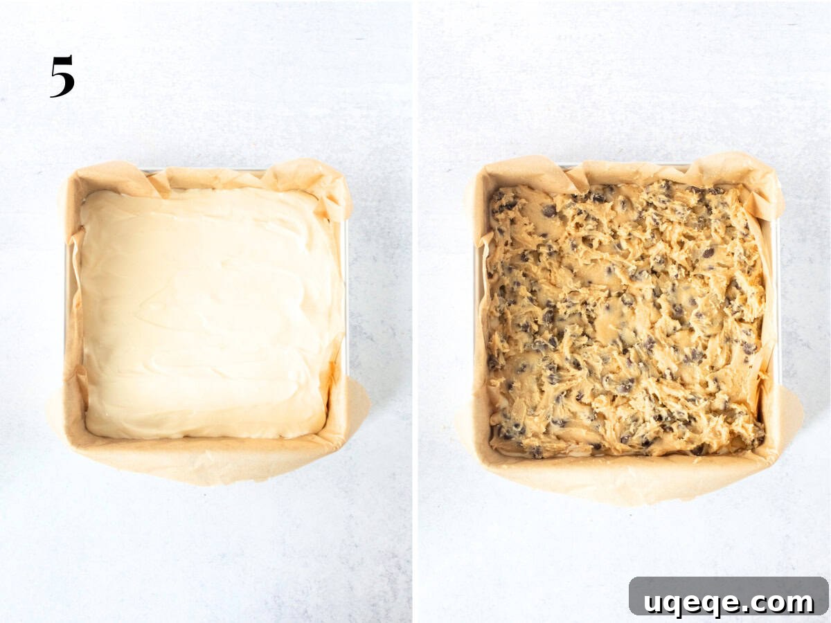 Heavenly Chocolate Chip Cheesecake Bars 10 Image showing a pan with the poured cheesecake layer, and another with the cookie dough topping arranged before baking